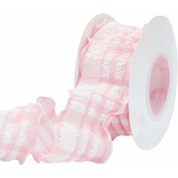 9.8Yards Chiffon Plaid Ribbon 1-5/8 inch Wide Pink Fabric Gingham Ribbon Polyester Sewing Tartan Pattern Checkered Pleated Trim