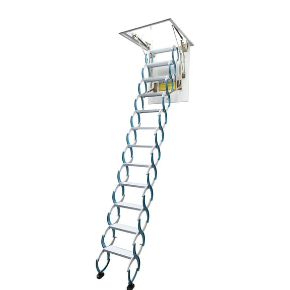 9.8ft Attic Pull Down Ceiling Ladder Stairs Hidden Folding Loft Ladder Stairs 12 Steps Blue Carbon Steel 600LB Loading Capacity