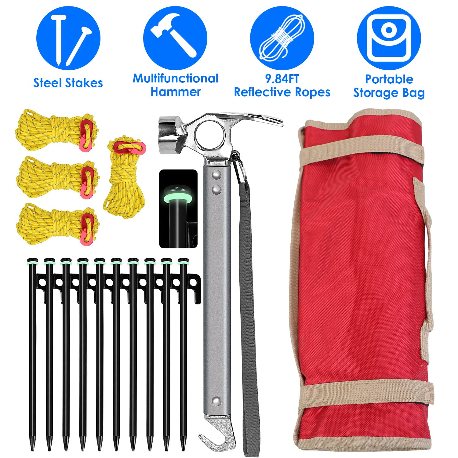 9.8ft Camping Tent Kit Camping Accessories Kit w/ Tent Pegs Reflective Rope for Backpacking