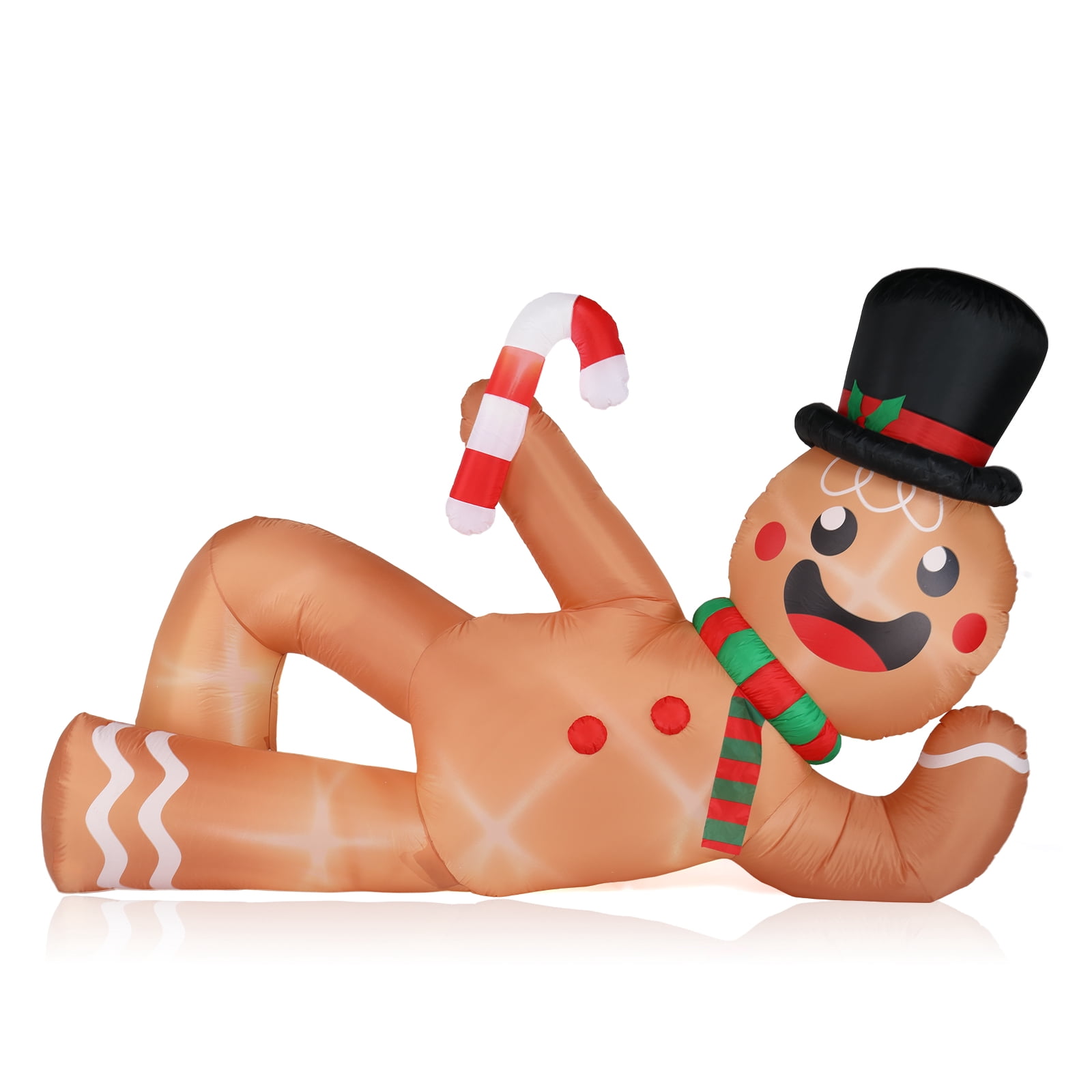 9.8ft Reclining Gingerbread Man, 6 LED Lights, Drawstring Bag, Christmas Inflatable Decoration, 12V, 1500mA, US Standard
