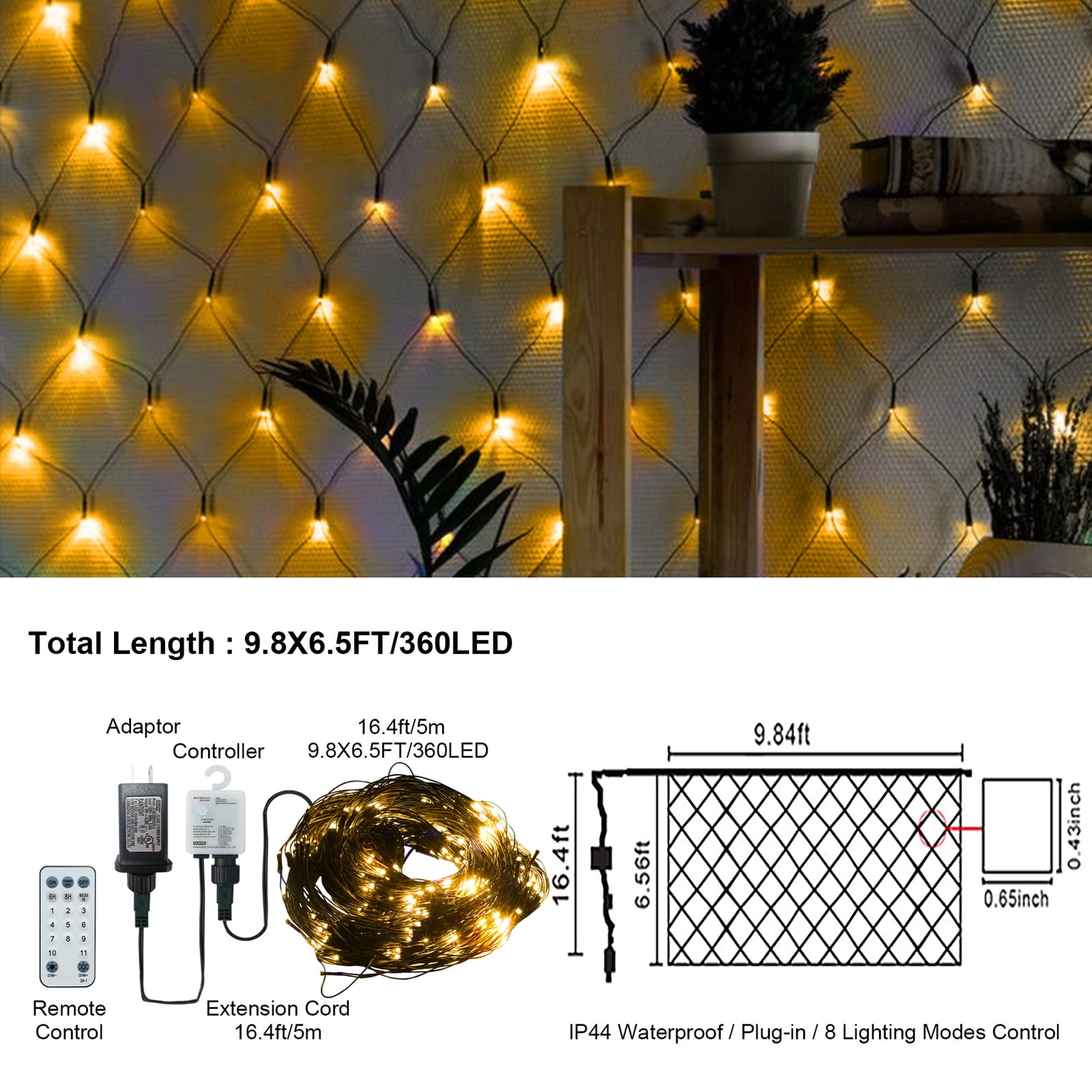 9.8ft x 6.5ft Christmas Mesh Net Lights Outdoor Indoor 360 LED Connectable Net with Remote 8 Lighting Modes Timer Waterproof for Garden Bushes Wall Tree Holiday Party Wedding Decorations