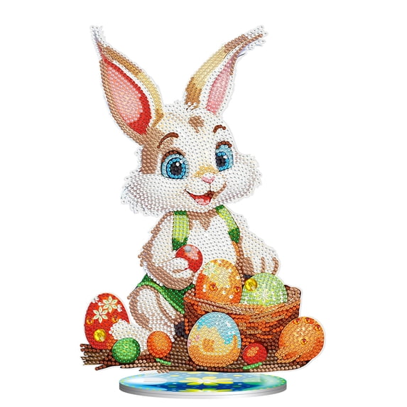 9.8in Easter Bunny Egg Basket Diamond Art Standee, PVC Rhinestone Tabletop Spring Holiday Decor
