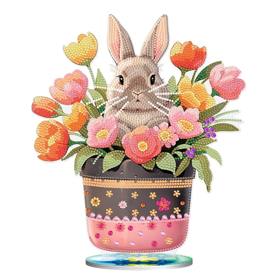9.8in Easter Bunny Flower Pot Diamond Art Standee, PVC Rhinestone Tabletop Decor for Spring Holiday Display