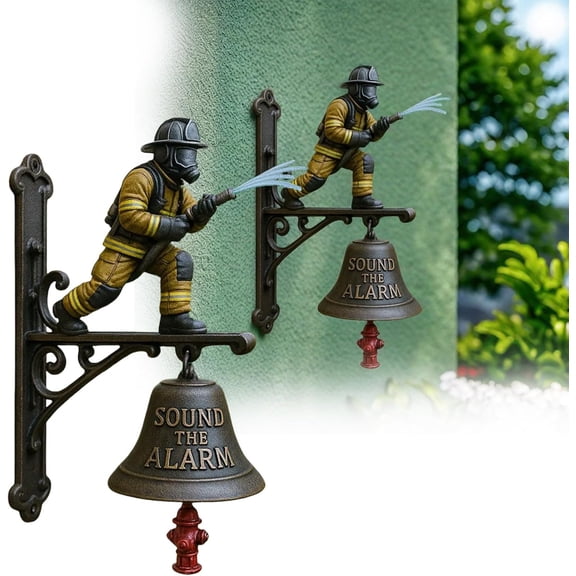 9.8in Firefighter Hydrant Wall Mount Bell, Metal & Resin Commemorative Doorbell with Loud Alarm Chime for Outdoor Porch, Patio and Fence Decor