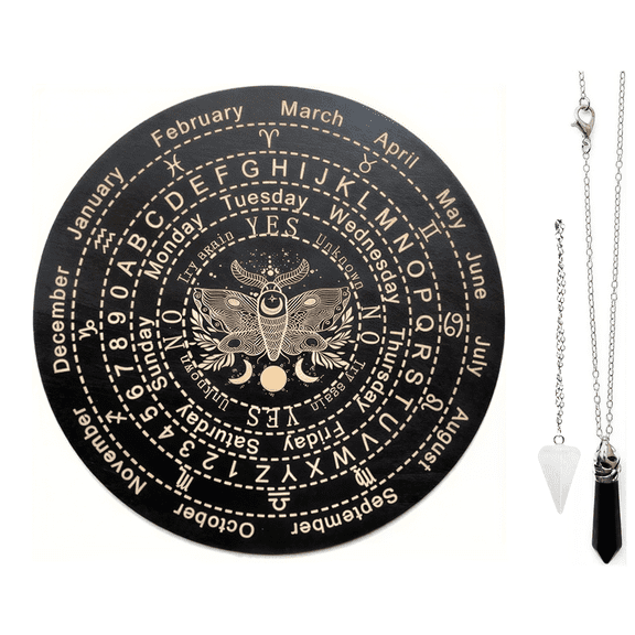 9.8in Moth Wooden Pendulum Board Dowsing Divination Set with Black Obsidian & Clear Quartz Pendulum Necklaces Spiritual Dowsing Kit for Home Decor & Altar Supplies