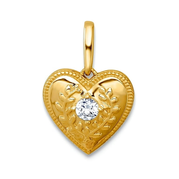 9.8mm 14k Solid Yellow Gold Polished and Textured Cubic Zirconia Floral Love Heart Pendant Necklace Pendant for Women