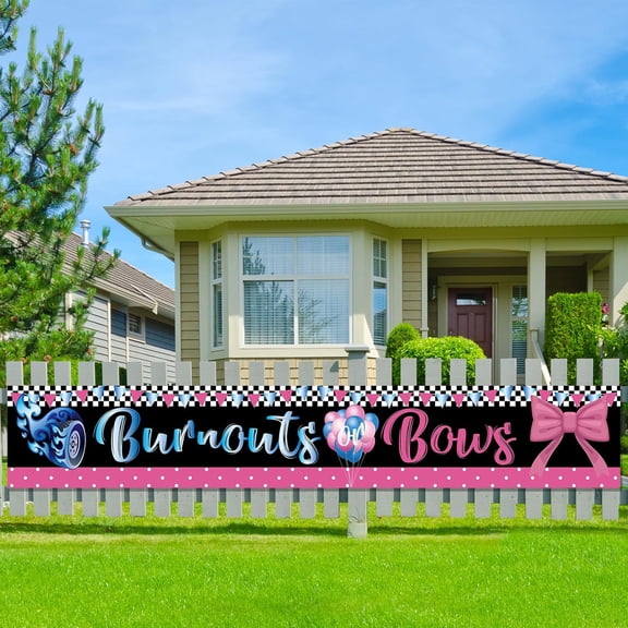 9.8x1.6ft Burnouts or Bows Gender Reveal Yard Banner Pink Bowknot Or Tyre Theme Party Decorations Banner Supplies Bor or Girl Baby Shower Banner Indoor Outdoor Decor