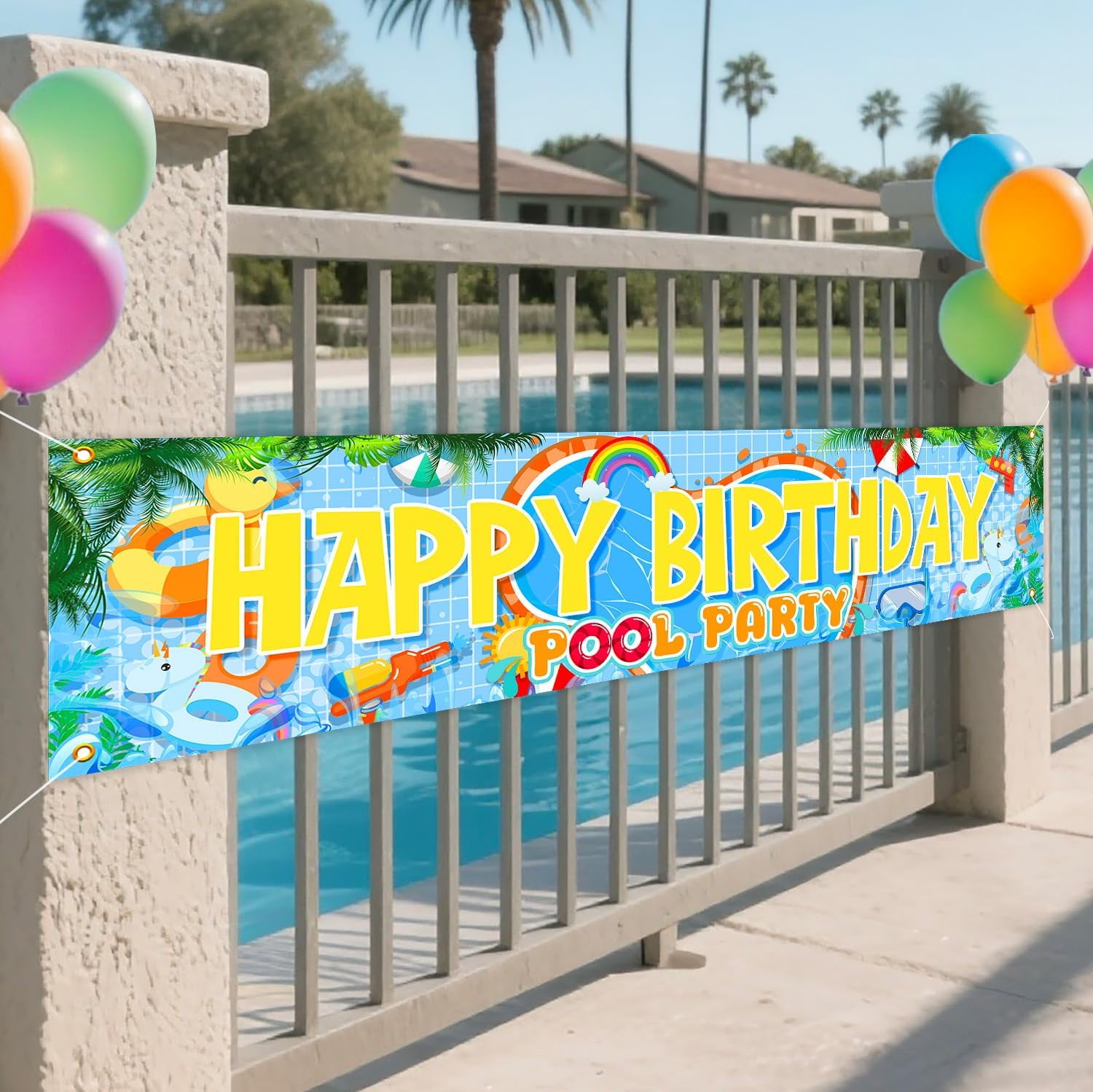 9.8x1.6ft Pool Happy Birthday Banner Pool Party Decorations Summer Yard ...
