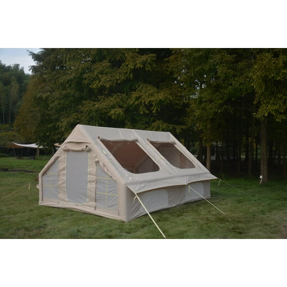 9.8x13ft Inflatable Camping Tent with Hand Pump, Easy Setup Waterproof & Windproof 4-Season Oxford Cabin Tent, Mesh & Chimney Window, Family-Sized Glamping Shelter, Beige