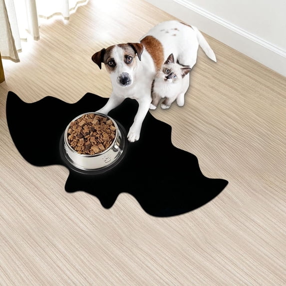 9.8x16.9 Inch Bat Shape Pet Mats for Food and Water Dog Cat Food Mats Pet Feeding Mat Anti-Slip No Stains Quick Dry Floors Waterproof Placemat Pet Food Bowl Mat Halloween Decorations (Black)