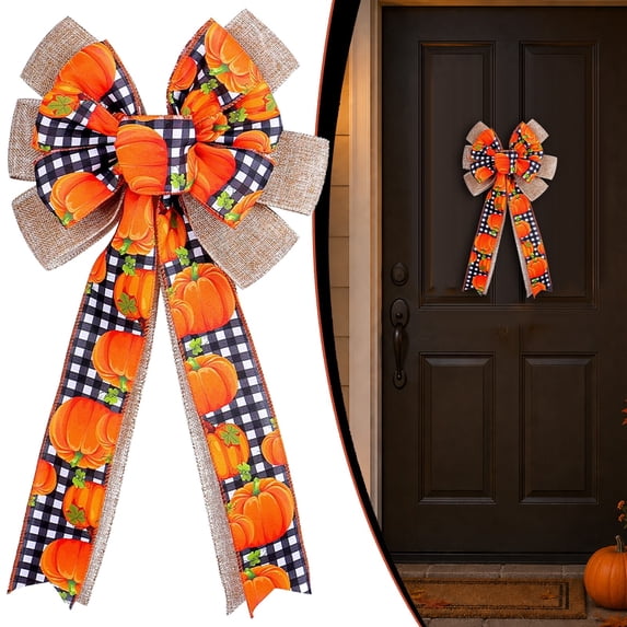 9.8x18.9in Large Fall Burlap Wreath Bow, Pre-Shaped Long Ribbon Weatherproof Reusable Thanksgiving Tree Topper Bow Door Window Fence Christmas Indoor Outdoor Farmhouse Home Decor