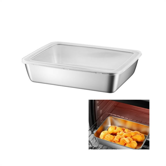 9.8x7.8x2In Baking Plate,Thickened Metal Dish Plate for Food,Stainless Steel Rectangle Container with Leak Clear Plastic Lid
