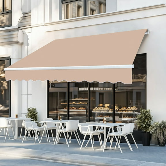 9.8x8.2FT Manual Retractable Awning, Waterproof Sun Shade Cover Shelter, Heavy Duty Aluminum Canopy with Adjustable Slope and Crank Handle, Khaki