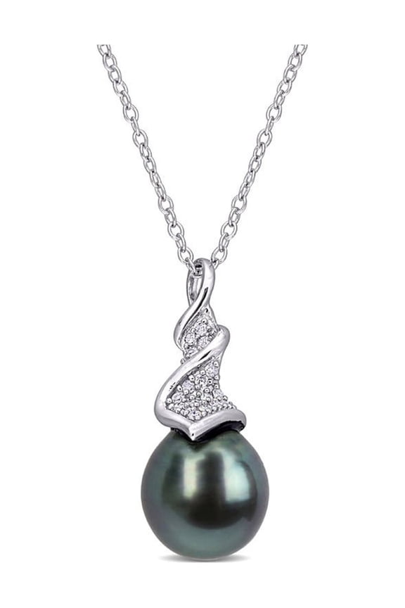 9-9.5mm Black Tahitian Cultured Pearl Pendant Necklace in Sterling Silver with Chain for Women