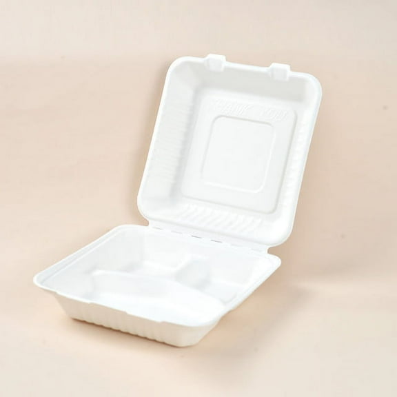 9*9" Hinged Clamshell Box, 3 compartments, Made from Eco-friendly Sugarcane