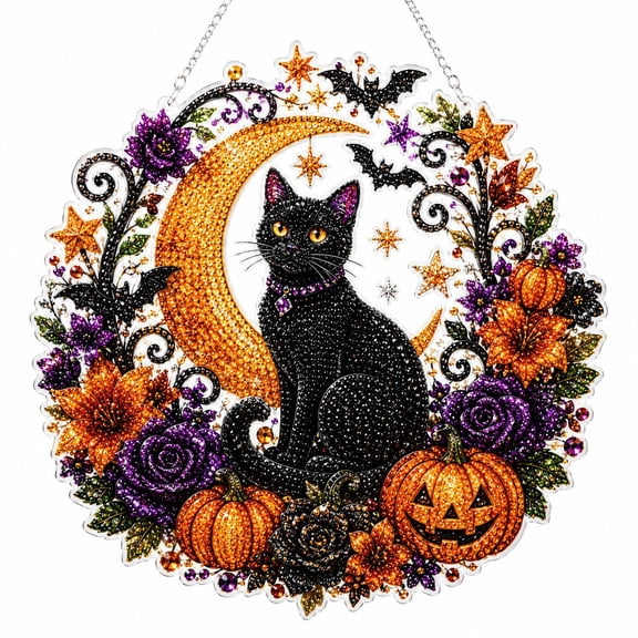 9×9 Inch Halloween Black Cat Moon Double-Sided Diamond Art Sun Catcher Kit, DIY Rhinestone Hanging Ornament Pre-Shaded Diamond Painting Pendant, Halloween Window Home Decor with Pumpkin Bat Ghost Des