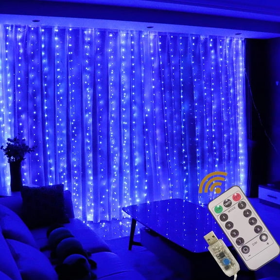 9.9ft x 9.9ft Curtain Fairy Lights, 300 LED USB Powered Window String Lights with 8 Modes Remote Timer for Bedroom Party Wedding Halloween Christmas Decoration,Blue