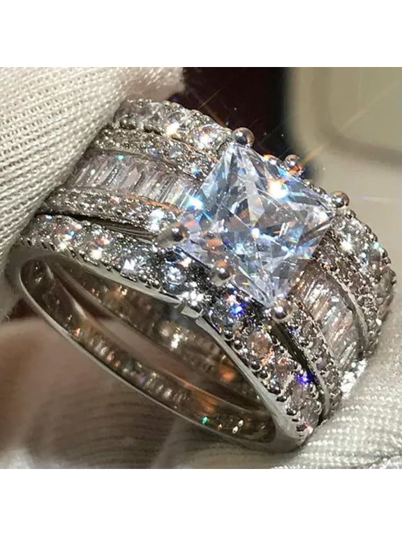 9*9mm Princess Cut AAA Cz Band Ring Set Women's 925 Silver, Gold Rings Size 6-10