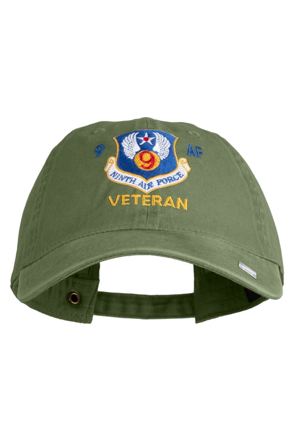 9 AF Ninth Air Force Veteran Embroidered Washed Solid Pigment Dyed Cotton Twill Brass Buckle Cap - Olive OSFM