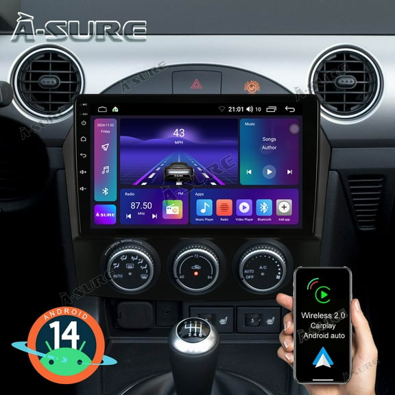 9" Android 14 Wireless CarPlay Car Radio Stereo for MAZDA MX-5 II NC 2005-2014, 2+64GB GPS Navi WiFi Bluetooth DSP FM RDS SWC