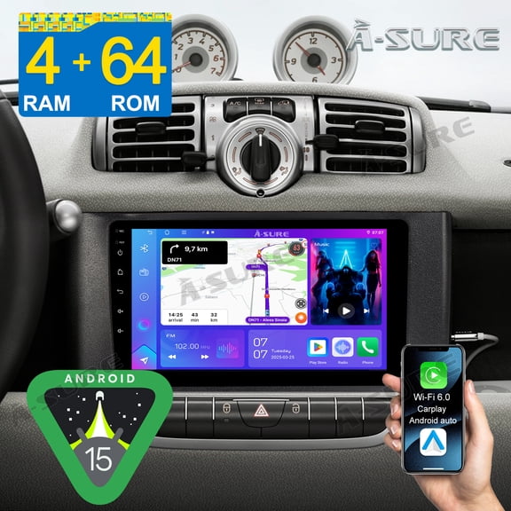 9" Android 15 4+64GB Car Stereo Radio for SMART FORTWO II 2011-2013 with Apple CarPlay/Android Auto/GPS Nav/Wi-Fi/BT 5.4/Backup Camera