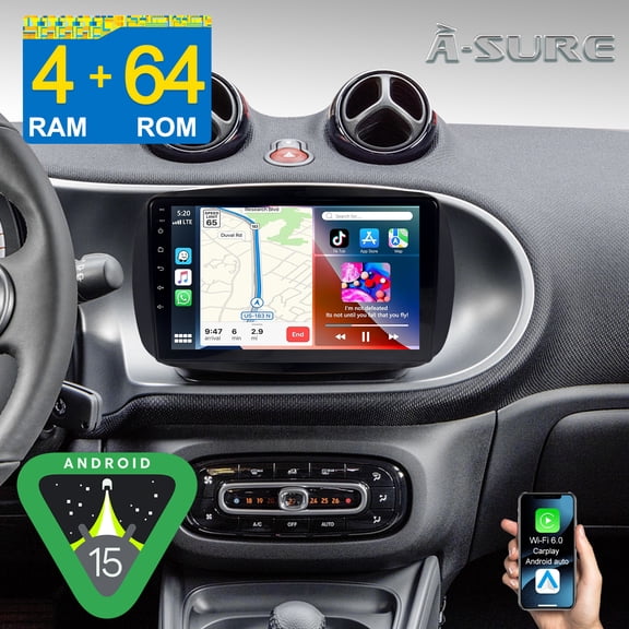 9" Android 15 CarPlay 4+64GB Car Radio for Smart Fortwo III Forfour 2014-2022 High-end with GPS Navi/Wi-Fi/BT 5.4/DSP Stereo/SWC