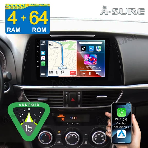 9" Android 15 Stereo 4+64GB Car Radio for MAZDA 6 GJ1/GL 2013-2015 (Low-end) with CarPlay/Android Auto/GPS Navi/Wi-Fi/BT 5.4/Backup Camera