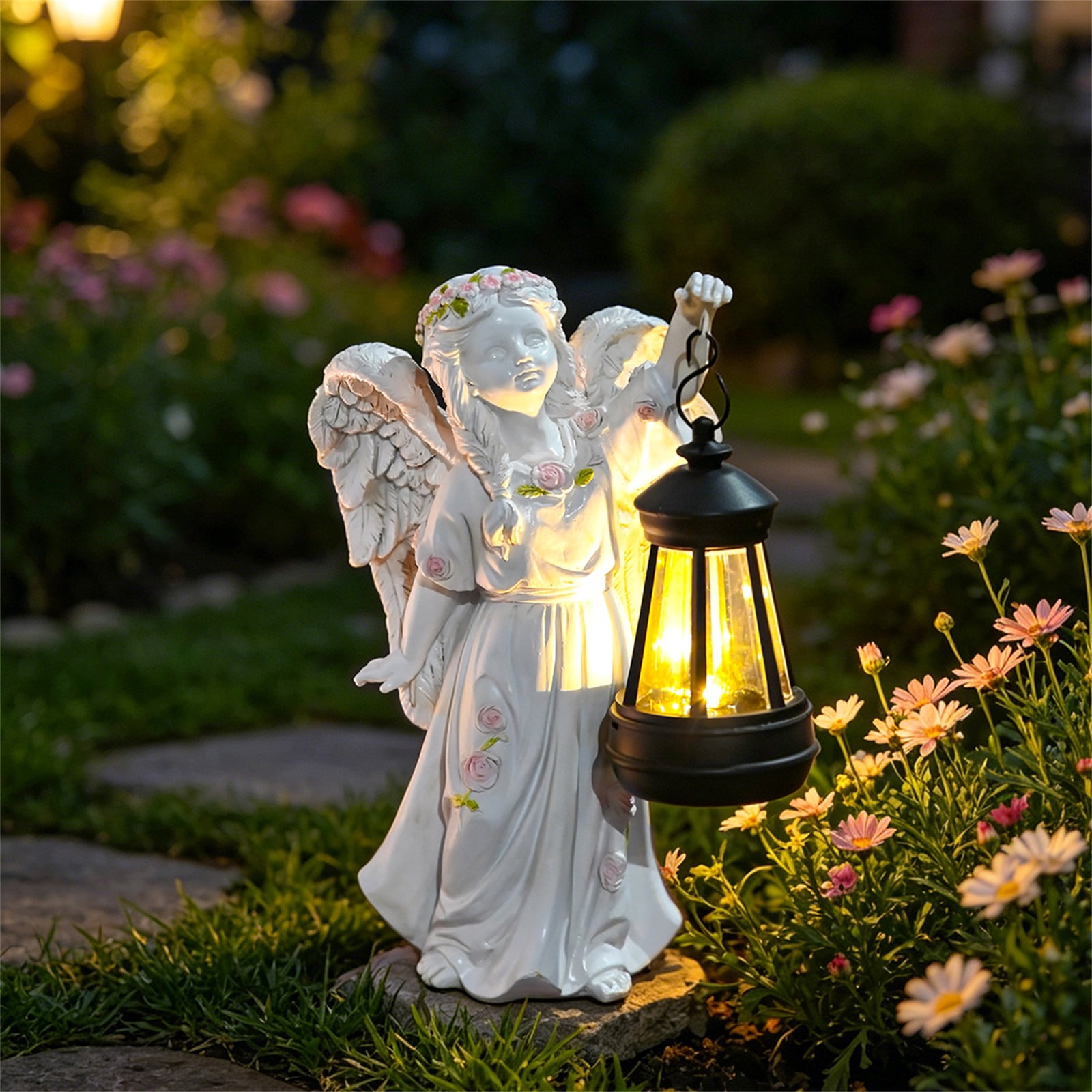 9" Angel Garden Statue with Solar Powered Lantern, Resin Outdoor Sculpture for Yard Art, Garden Decorations Memorial Gift Decor for Patio Porch Walkway, A