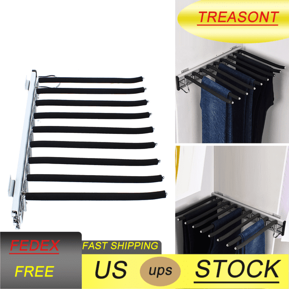 9 Arms Trousers Rack Holder Organiser Wardrobe Side-mounted Closet Pull-out Storage Pants Hanger Rail Bar Extendable Black Stainless Steel