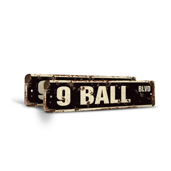 9 BALL Vintage Style Rustic Street Sign – (2 Pack) Billiards Pool Cue Pooltable Darts Retro Decorative Wall Sign for Home, Bar, Garage, or Outdoor Use | 6" X 24" Plastic Road Sign