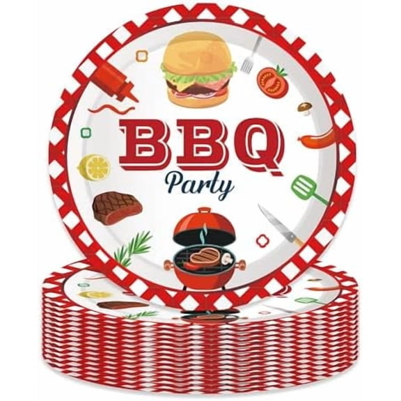 9" BBQ Burger Paper Plates Celebrate Party Tableware Round Disposable Dinner Paper Plates Set BBQ Series Theme Party Paper Plates Festival Party Supplies(24 pcs)