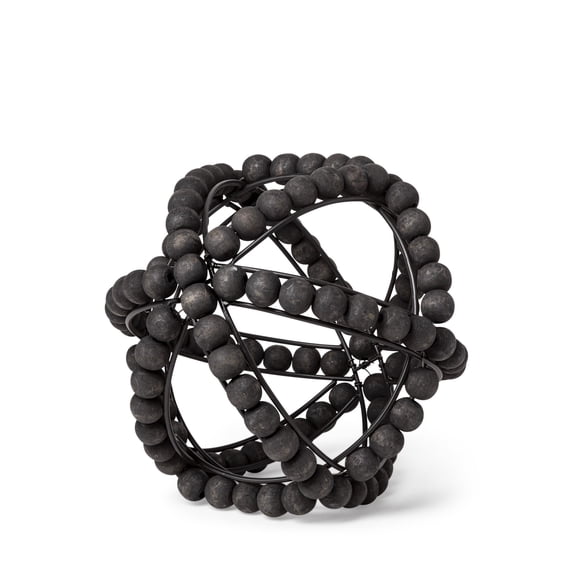 9" Black Wooden Bead and Metal Orb Sculpture