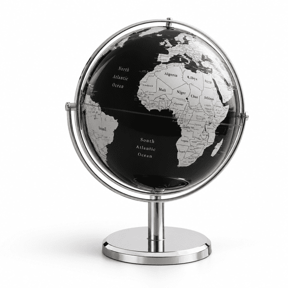 9" Black World Globe with Rotating Stainless Steel Stand for Home Office Decor