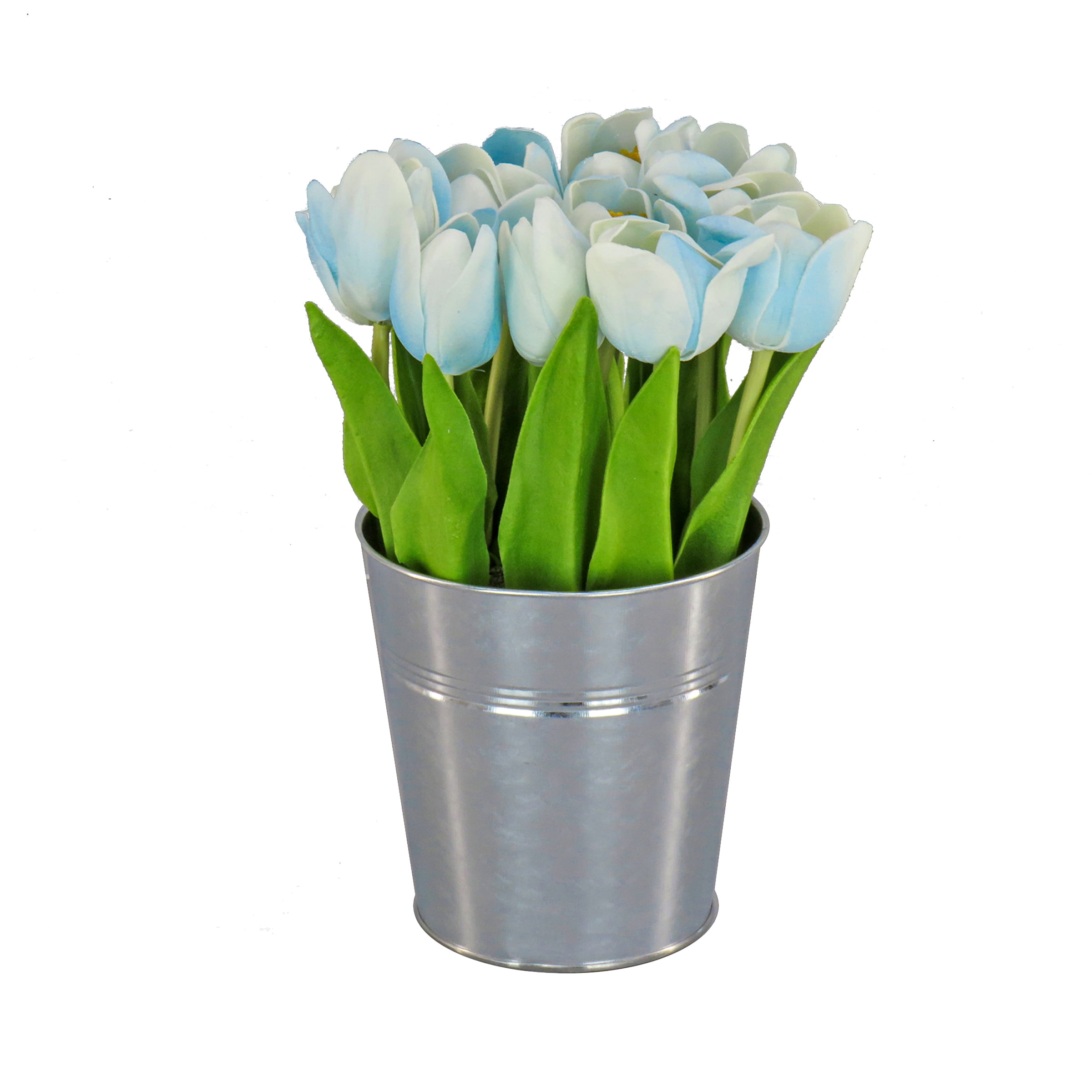 9.5" Light Blue Artificial Tulip Arrangement in Galvanized Metal Pot