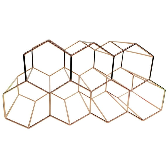9 Bottle Rose Gold Countertop Wine Rack, Stylish Hexagonal Metal Wine Organizer, Space-Saving Storage for Standard Wine Bottles, No Assembly Required, Sturdy Welded Structure