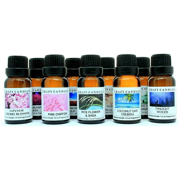 9 Bottle Set: Coconut Lime Verbena, Japanese Cherry Blossom, Moonlight Path, Pink Chiffon, Rice Flower Shea, Twilight Woods, Plus 3 More 1/2 Fl Oz Each (15ml) Premium Grade Scented Fragrance Oil