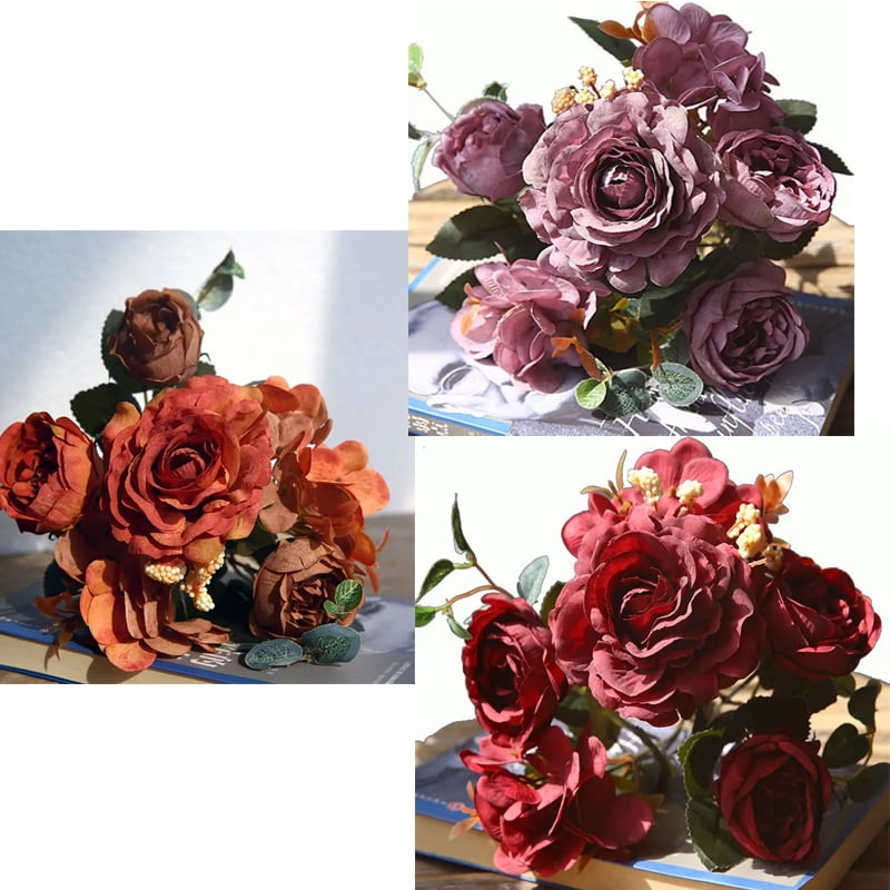 9 Bouquets of Fake Rose Artificial Flowers Long Stem Red Roses