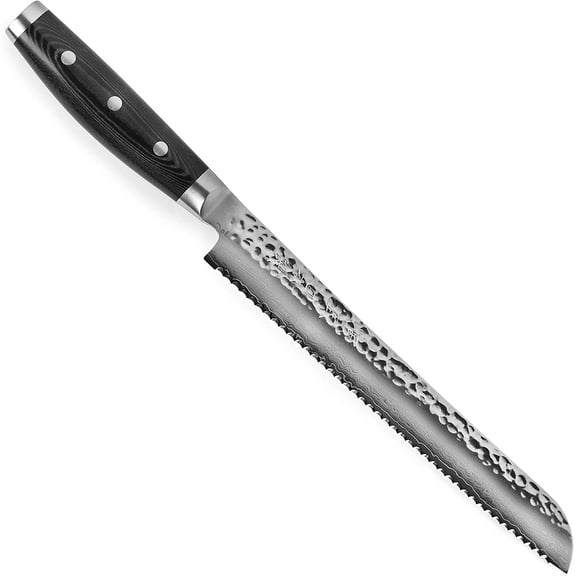 9" Bread Knife - Made in Japan - VG10 Hammered Damascus Stainless Steel Serrated Slicing Knife