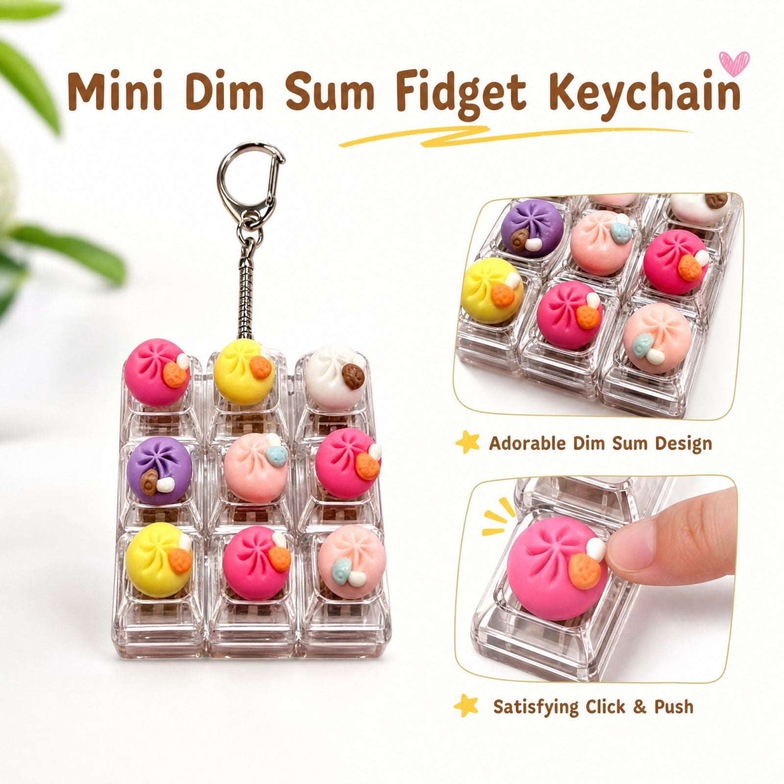 Fidget Button Key Chain 9-Button Dumpling Clicker Fidget Toy, Cute 3D Printed Dumpling Keychain ...
