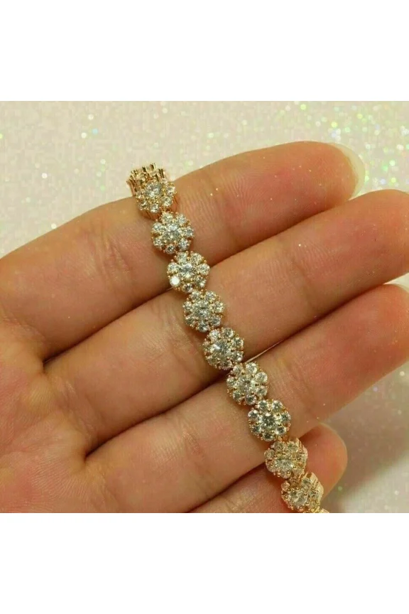 9 CT White Round Cut Moissanite Cluster Tennis Bracelet Plated 14k Yellow Gold