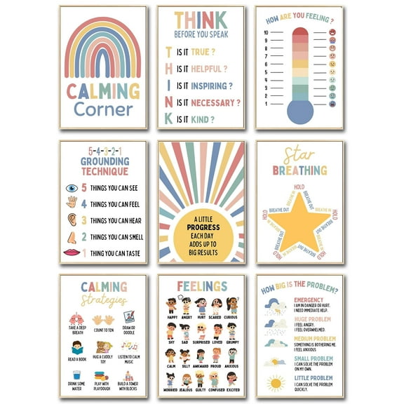 9 Calming Corner Poster Classroom Decor - Mental Health Poster For Kids Toddler Preschool Homeschool Decoration - Boho Calm Down Corner Supplies For Counselors Therapists Teachers Supplies