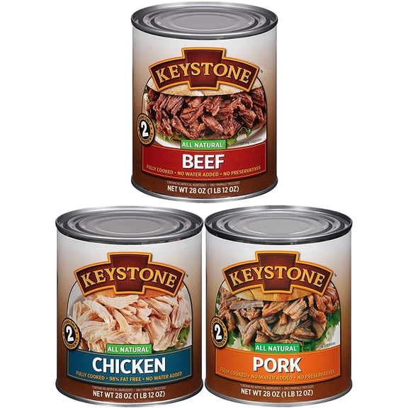 (9 Cans - 3 of Each) Keystone All Natural Beef, Chicken and Pork 28oz Cans Combo  Emergency Survival Camping Ready to eat Long Shelf Life Food 