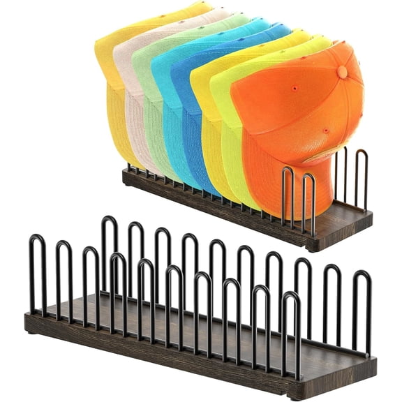 9-Cap Hat Organizer, Solid Wood Base & Metal Hat Stand, Anti-Slip Pads Cap Holder, Sturdy Baseball Cap Storage Rack, Ideal for Closet, Bedroom & Home Organization