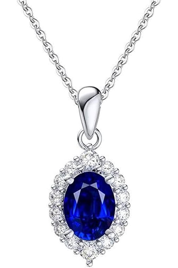 9 Carat 925 Sterling Silver Oval Cut Blue Created Sapphire Pendant Necklace for Women Emerald Cut With 18 inch Silver Chain