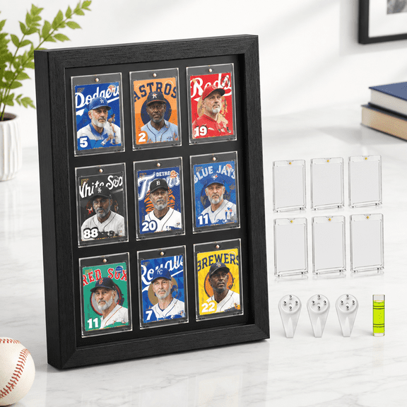 9 Card-Black Wooden Trading Card Display Frame for Standard Baseball Football Sports Cards