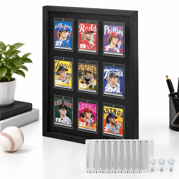 9-Card Wooden Trading Card Display Frame with Tempered Glass