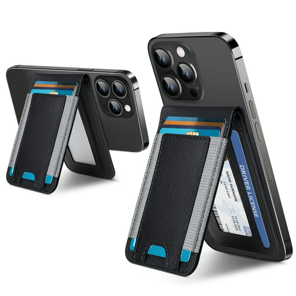 ExtreLife Magsafe Card Holder, Magnetic Wallet Compatible for iPhone 16/15/14/13/12 Series, Phone Wallet with Adjustable Stand, Black Gray