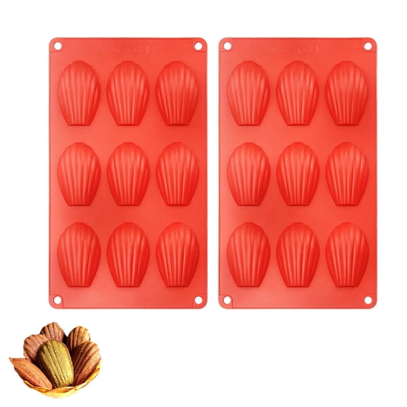9-Cavity Shell Shape Silicone Madeleine Pan Set, 2-Pack Nonstick Flexible Baking Molds, BPA-Free, Easy Release Cake Tray(Red)