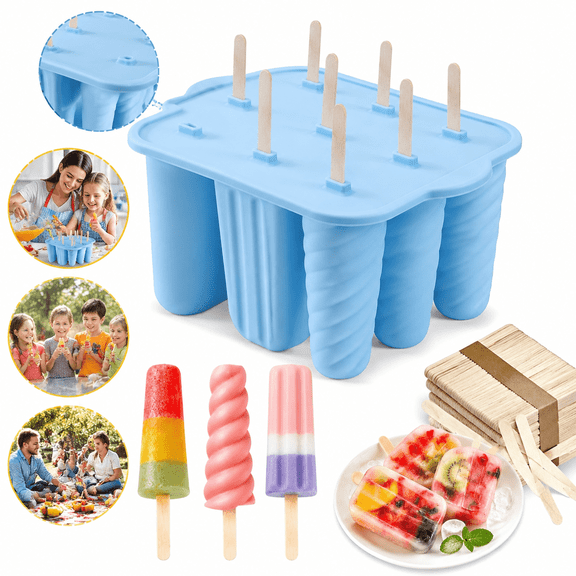 Silicone 9 Cavity Popsicle Mold, Reusable Leakproof Ice Pop Maker with 50 Wooden Sticks, Blue