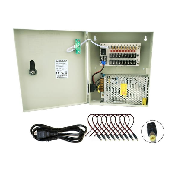 9 Channel Power Supply Distribution Box with DC Male Power Connectors 12V DC 5 AMP CCTV Security Camera Power Supply